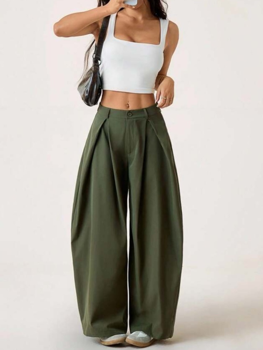 Bubble Wide-Leg High-Waist Women’s Pants in Olive Green TRENDY
